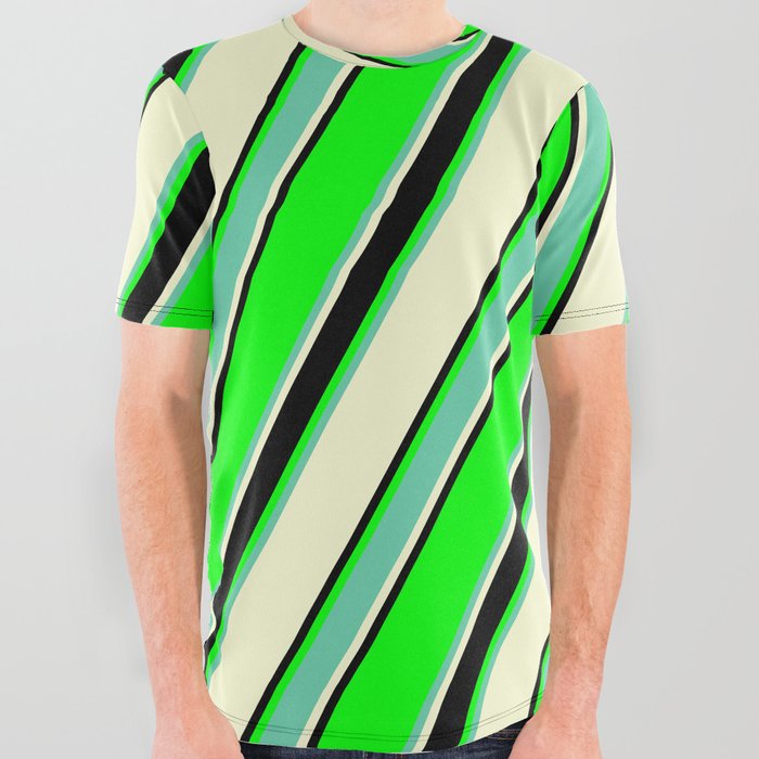 Lime, Aquamarine, Light Yellow & Black Colored Lined Pattern All Over Graphic Tee