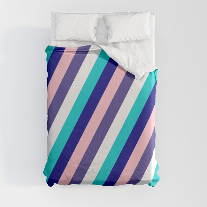 Vibrant Dark Turquoise, Blue, Pink, Dark Slate Blue & White Colored Lined/Striped Pattern Duvet Cover