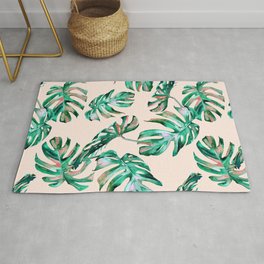 Tropical Palm Leaves Coral Greenery Area & Throw Rug