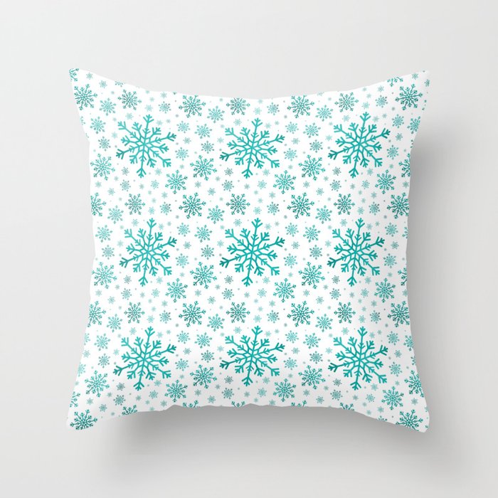 Teal & White Pretty Winter Snowflake Pattern Throw Pillow