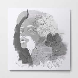 Esperanza Blanca  Metal Print | Flowers, Femaleportrait, Digital, Ink, Beauty, Illustration, Painting, Latinaartist, Black And White 