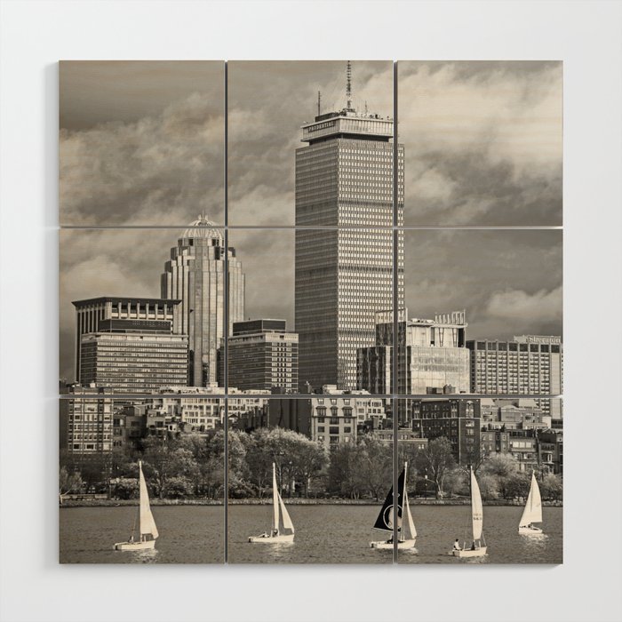 Boston Charles River Boats in a Circle Boston Massachusetts Black and White Wood Wall Art