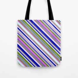 [ Thumbnail: Colorful Light Grey, Green, Orchid, Light Cyan, and Blue Colored Lined/Striped Pattern Tote Bag ]