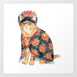 Frida Kahlo cat with flower  Art Print