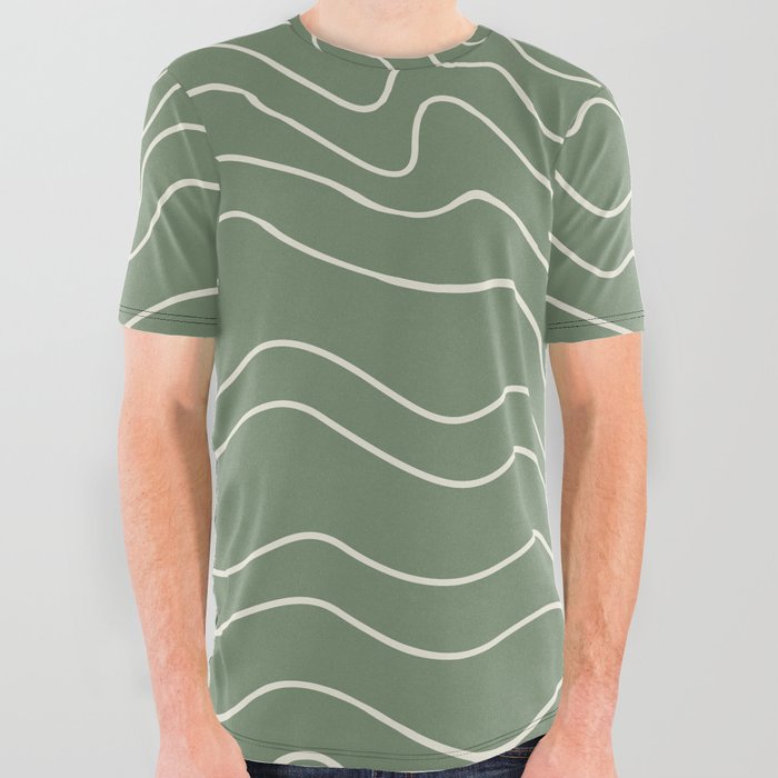 Olive green and Beige minimalistic liquid lines abstract pattern All Over Graphic Tee