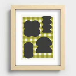 Funky Organic Shapes on Plaid Background \\ Deep Dark Grey Shapes & Grass Green Plaid Recessed Framed Print