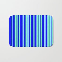 [ Thumbnail: Blue & Aquamarine Colored Striped Pattern Bath Mat ]
