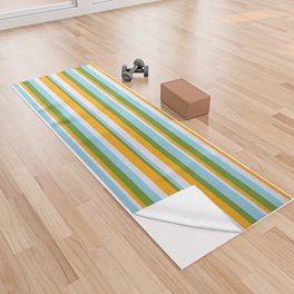 [ Thumbnail: Sky Blue, Green, Orange, and Lavender Colored Lines Pattern Yoga Towel ]