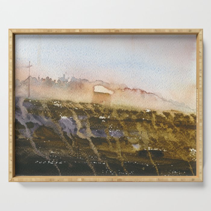 Mist covered landscape painting with buildings. Serving Tray