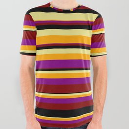 [ Thumbnail: Tan, Orange, Purple, Maroon, and Black Colored Striped/Lined Pattern All Over Graphic Tee ]