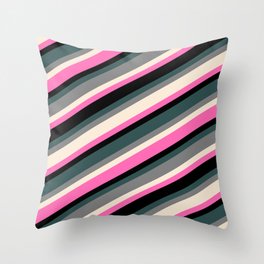 [ Thumbnail: Eye-catching Dark Slate Gray, Grey, Beige, Hot Pink, and Black Colored Lined/Striped Pattern Throw Pillow ]