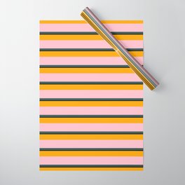 [ Thumbnail: Orange, Pink, Dark Slate Gray & Black Colored Stripes Pattern Wrapping Paper ]