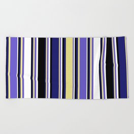 [ Thumbnail: Colorful Midnight Blue, Tan, Slate Blue, White, and Black Colored Lined/Striped Pattern Beach Towel ]