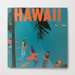 Surfing Hawaii - Jet Clippers to Hawaii Vintage Travel Poster Metal Print | Poster, Advertisement, Palmtrees, Travel, Ocean, Pacific, Oahu, Vintage, Graphicdesign, Honolulu 