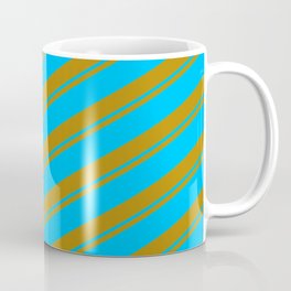 [ Thumbnail: Dark Goldenrod and Deep Sky Blue Colored Striped/Lined Pattern Coffee Mug ]