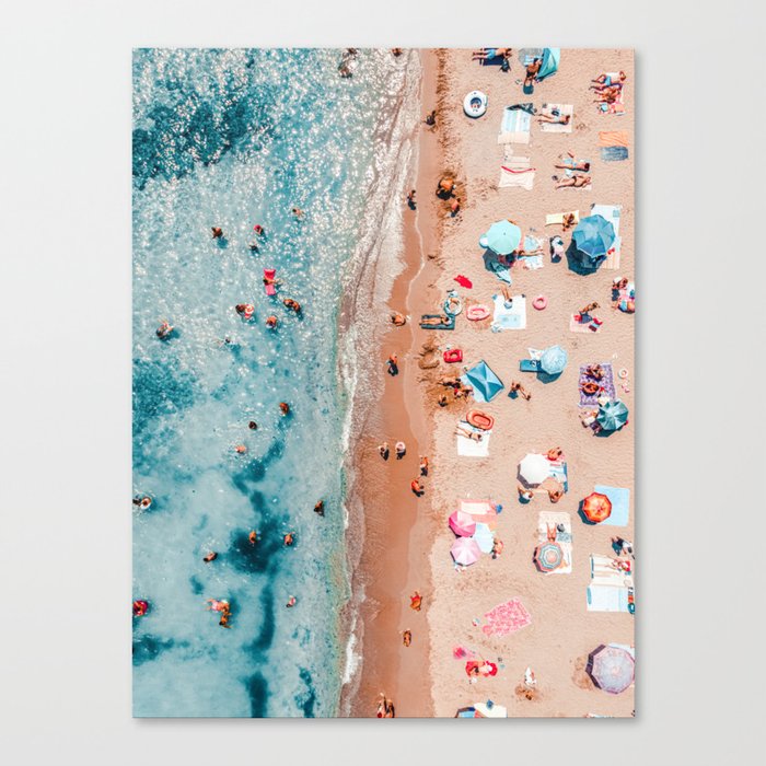 Summer Beach Umbrellas, Aerial Beach Pastel Print, Ocean Waves Coastal Art Print, Round Umbrella Vibes Canvas Print