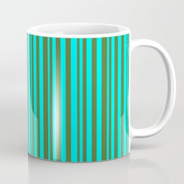 [ Thumbnail: Cyan and Dark Olive Green Colored Lined/Striped Pattern Coffee Mug ]