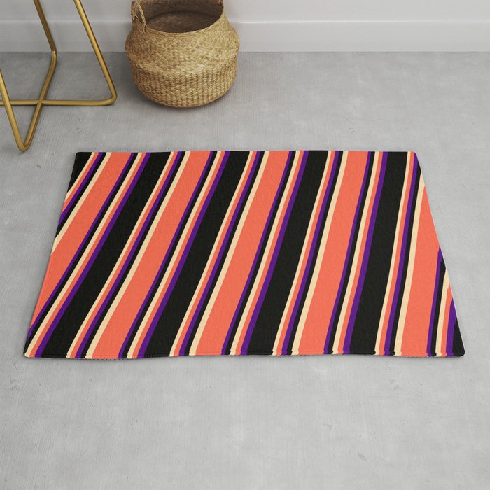 Tan, Red, Indigo, and Black Colored Striped/Lined Pattern Rug