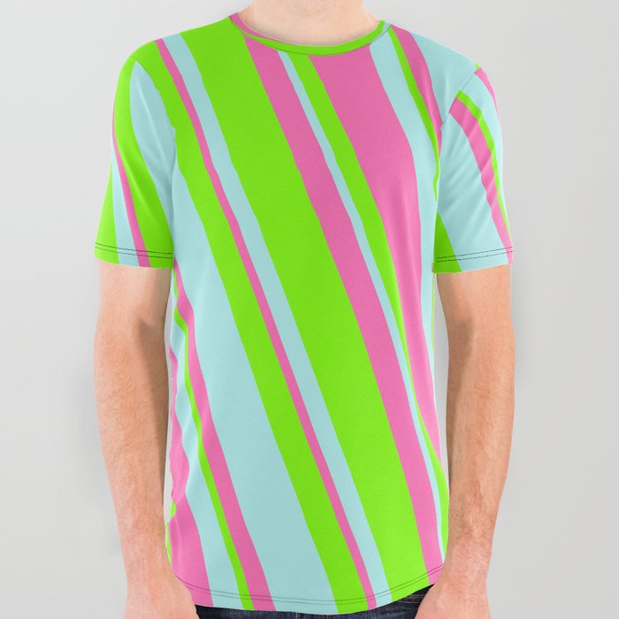 Green, Turquoise & Hot Pink Colored Lines Pattern All Over Graphic Tee