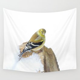 Snow, Snow, Snow! American Goldfinch on a Snowy Log Wall Tapestry