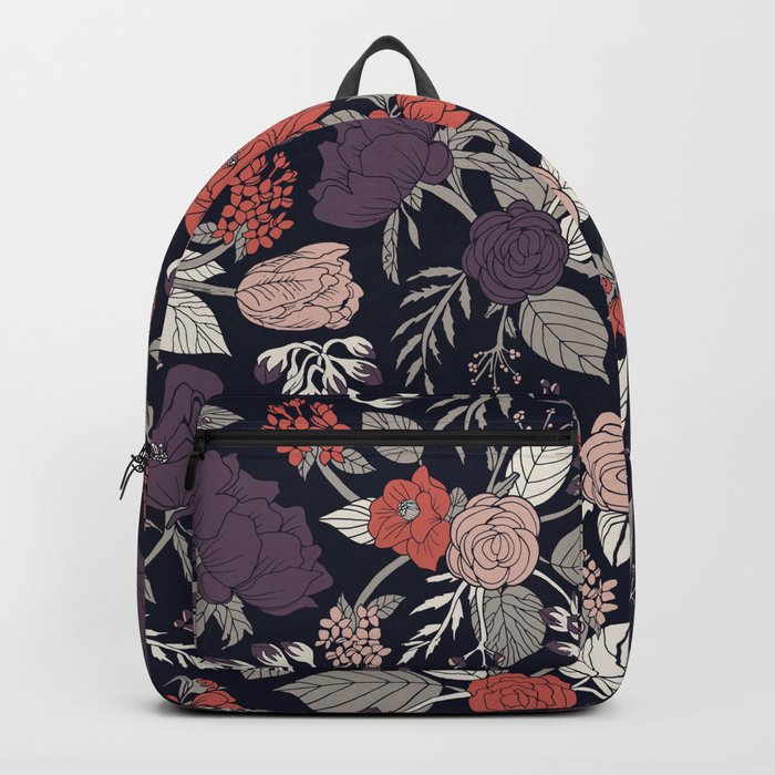 Purple, Gray, Navy Blue & Coral Floral/Botanical Pattern Backpack