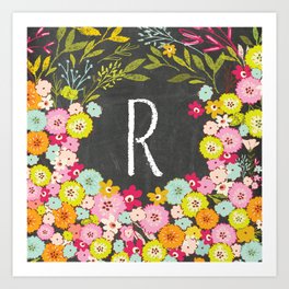 R botanical monogram. Letter initial with colorful flowers on a chalkboard background Art Print