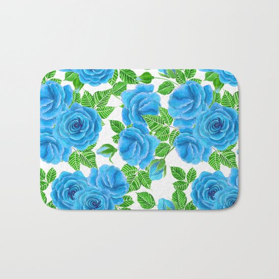 Blue roses watercolor seamless pattern Bath Mat