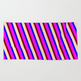 [ Thumbnail: Blue, Fuchsia, Maroon, and Tan Colored Lined Pattern Beach Towel ]