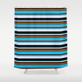 [ Thumbnail: Brown, Deep Sky Blue, Lavender, and Black Colored Pattern of Stripes Shower Curtain ]