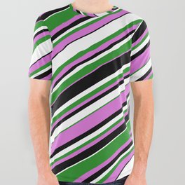 [ Thumbnail: Forest Green, Orchid, Black & White Colored Striped/Lined Pattern All Over Graphic Tee ]