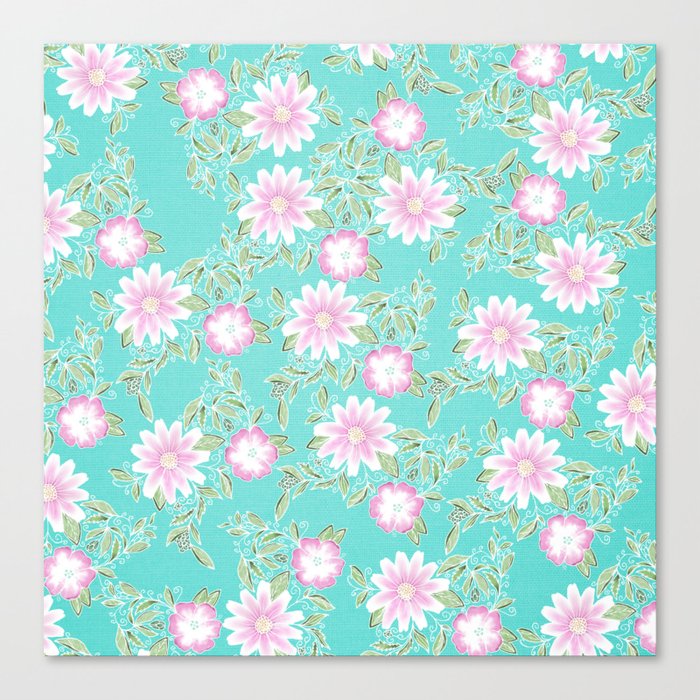 Modern Turquoise Pastel Pink Green Watercolor Flowers Canvas Print Modern Turquoise Pastel Pink Green Watercolor Flowers Canvas Print