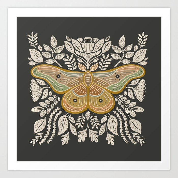 Moth Floral - Gold on Charcoal Art Print