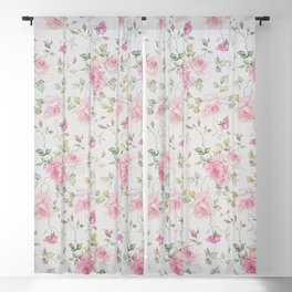 Elegant blush pink white vintage rose floral Blackout Curtain