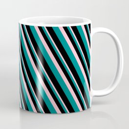 [ Thumbnail: Pink, Teal, and Black Colored Lined/Striped Pattern Coffee Mug ]