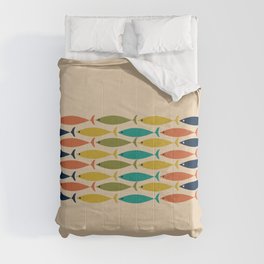 Midcentury Modern Multicolor Fish Stripe Pattern in Olive, Mustard, Orange, Teal, Beige Comforter