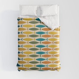 Mid-Century Modern Fish Stripes in Moroccan Teal, Green, Orange, Mustard, and Cream Duvet Cover