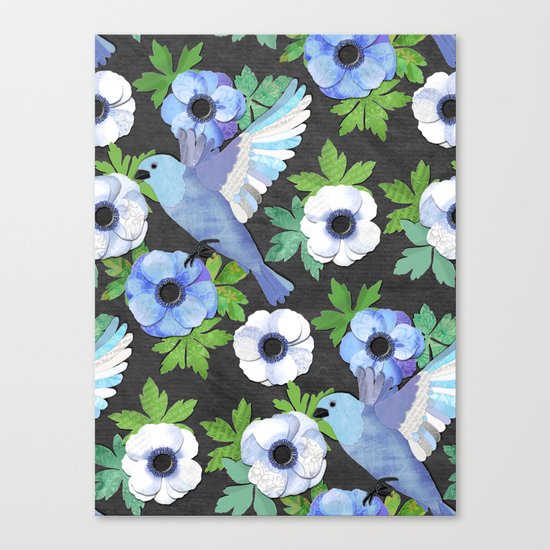 Blue Bird & Anemone Collage Canvas Print