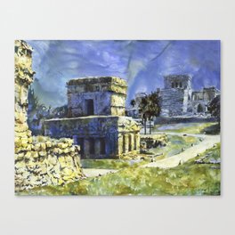 Tulum Mayan ruins in Mexico.  Watercolor painting of Mayan ruins in Tulum in Yucatan Peninsula- Mexico Canvas Print