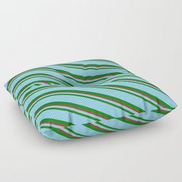 [ Thumbnail: Sky Blue, Green, and Brown Colored Lines/Stripes Pattern Floor Pillow ]