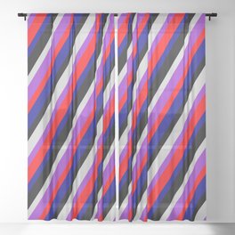 [ Thumbnail: Eye-catching Light Grey, Dark Orchid, Red, Dark Blue, and Black Colored Striped Pattern Sheer Curtain ]
