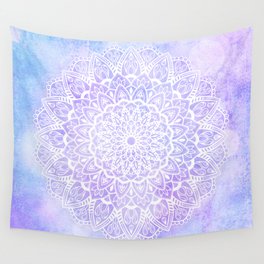 White Mandala on Pastel Blue and Purple Textured Background Wall Tapestry