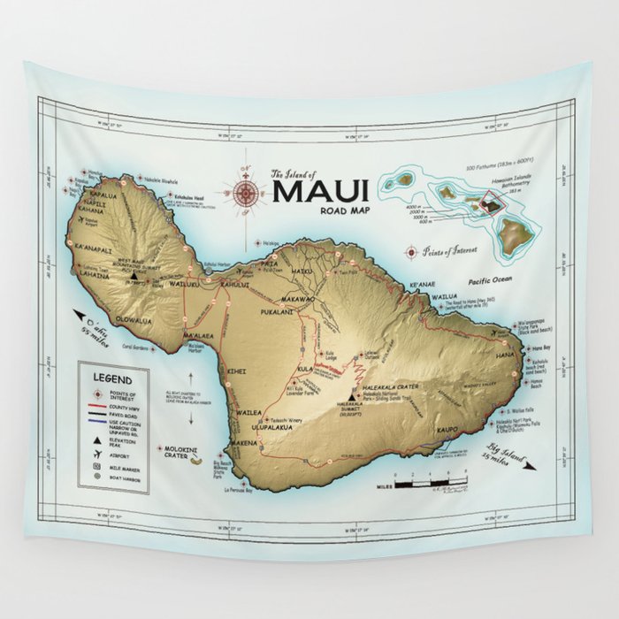 Maui [Atlas Inspired] Points of Interest Road Map Wall Tapestry
