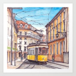 Yellow tram in Lisbon - ink & watercolor illustration Art Print