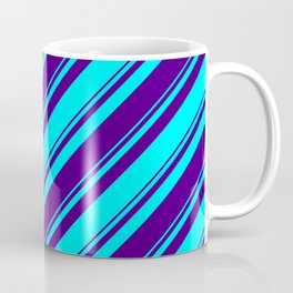 [ Thumbnail: Aqua & Indigo Colored Lined/Striped Pattern Coffee Mug ]