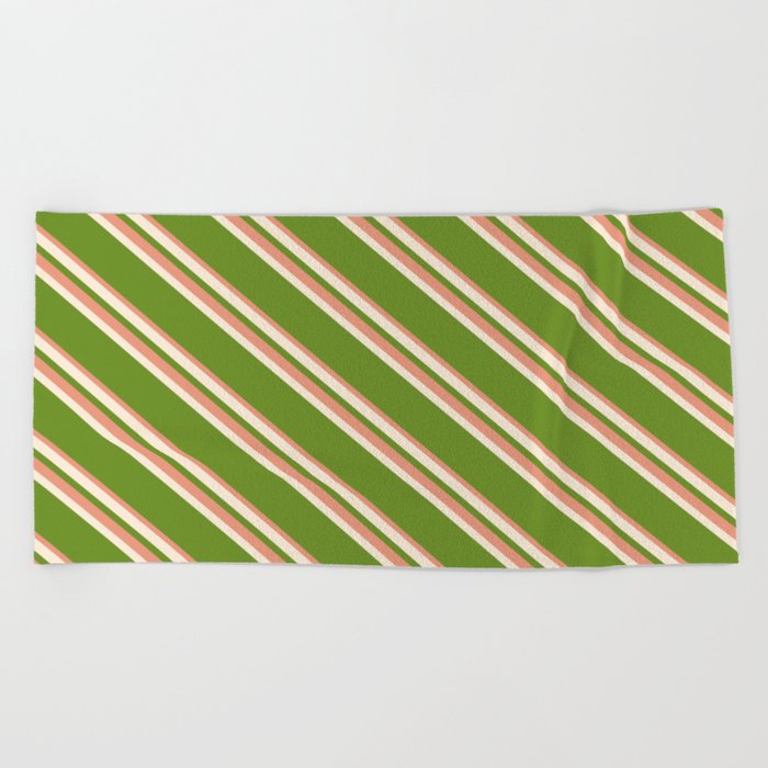 Beige, Green & Dark Salmon Colored Striped/Lined Pattern Beach Towel