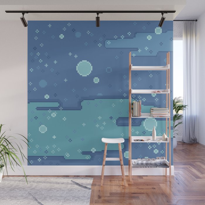 Blue Space Bubbles (8bit) Wall Mural