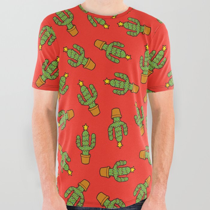Cactus Christmas Tree in Red All Over Graphic Tee