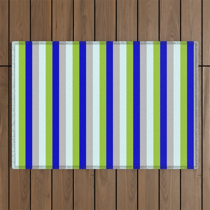 Blue, Green, Light Cyan, and Grey Colored Pattern of Stripes Outdoor Rug