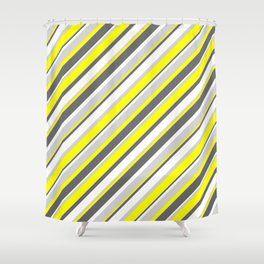 [ Thumbnail: Yellow, Dim Gray, White & Light Grey Colored Stripes Pattern Shower Curtain ]
