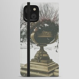 Central Park Bow Bridge in New York City during winter snowstorm iPhone Wallet Case